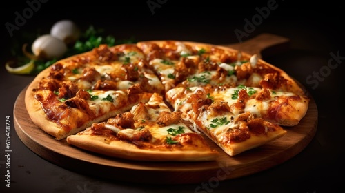 Pizza with chicken, mushrooms and cheese on a wooden board ,Generative AI