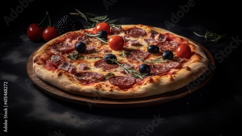 Pizza with chicken, mushrooms and cheese on a wooden board ,Generative AI