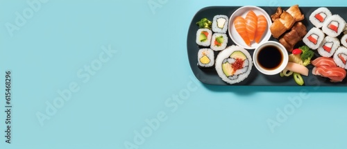 Sushi Set - Different Types of Sushi on Blue Background ,Generative AI