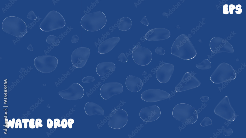 3d glass curve background with transparent blob shape splatter. Water surface illustration with digital glossy texture. Liquid wet icon with light reflection design. Shiny waterdrop template.