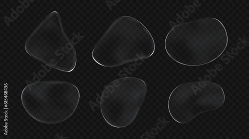 3d glass clear transparent blob shape. Realistic glossy drop bubble isolated illustration. Pure shiny set with white reflection. Modern fluid gloss effect texture plate figure mockup. Round template.
