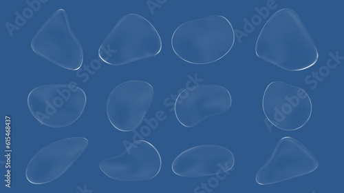 3d glass droplet vector. Transparent blob shape bubble with glossy texture. Isolated pure plastic modern waterdrop template icon. Abstract gloss tear or dew object collection. Clear fluid frame.