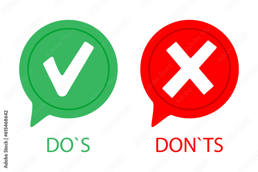 Checkmark with Do's, Cross Mark with Don'ts. Positive confirmation, validation symbol. Negative denial, restriction symbol, prohibition indication. Vector line icon for Business and Advertising Checkmark with Do's, Cross Mark with Don'ts. Positive confirmation, validation symbol. Negative denial, restriction symbol, prohibition indication. Vector line icon for Business and Advertising