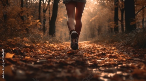 Runner athlete running on forest trail. woman fitness jogging workout wellness concept ,Generative AI © tanatat