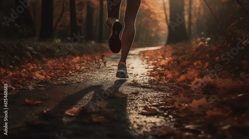 Runner athlete running on forest trail. woman fitness jogging workout wellness concept ,Generative AI