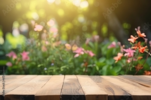 Wooden Board Table Top with Empty Space and Blurred Flower Garden Background. Product Display Mockup