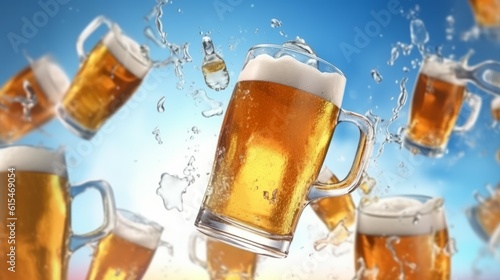Beer mug floating in the air with bubbles and splashes,