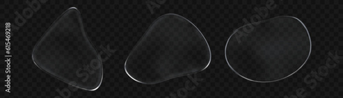 3d glass drop vector. Abstract realistic clear transparent blob shape. glossy bubble frame isolated with plastic shiny texture set. Liquid pure condensation symbol figure with light reflection.