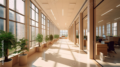 A beautiful modern spacious office hall with panoramic windows and a perspective in pleasant natural beige and brown tones  --aspect 16 9