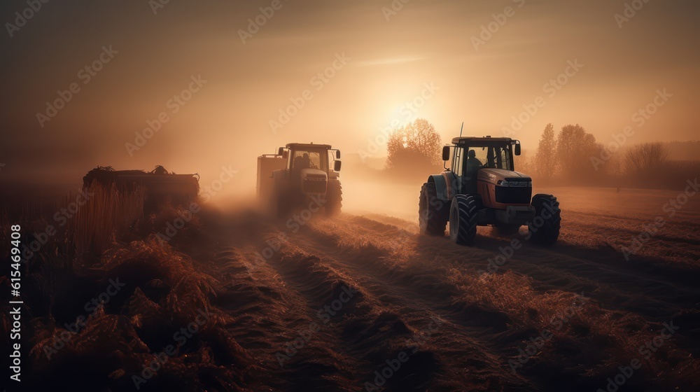 Fototapeta premium Tractors working on a wheat field at sunrise. Tractor in the field ,Generative AI
