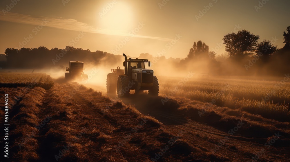 Fototapeta premium Tractors working on a wheat field at sunrise. Tractor in the field ,Generative AI