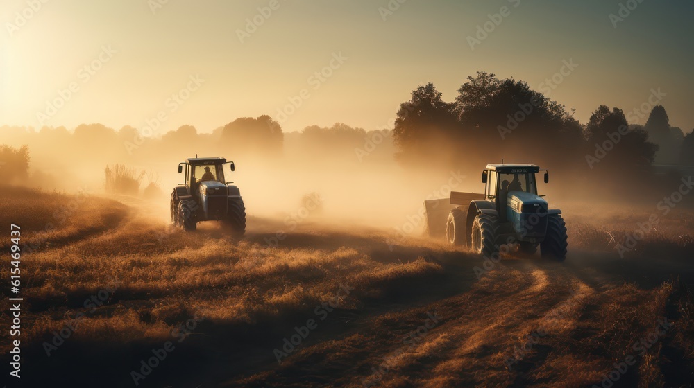 Fototapeta premium Tractors working on a wheat field at sunrise. Tractor in the field ,Generative AI