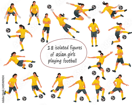 18 figures of asian women's football girl players and goalkeepers in motion jumping, running, kicking the ball, standing in goal in yellow uniforms