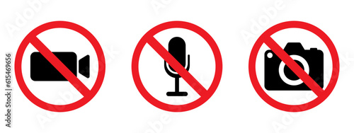 Strikethrough Camera Microphone Icon set. Disabled Video Recording Symbol. Strikethrough video camera icon, inactive recording. Vector line icon for Business and Advertising
