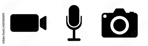 Video Camera Microphone Icon set. Visual Recording Symbol. Video camera icon, media capture representation, video recording symbol. Vector line icon for Business and Advertising
