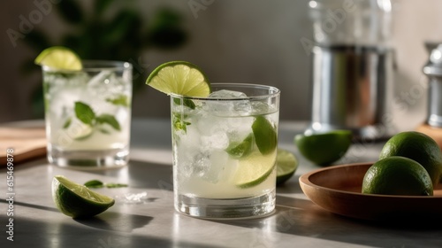 Fresh mojito cocktail with lime, mint and ice on table ,Generative AI