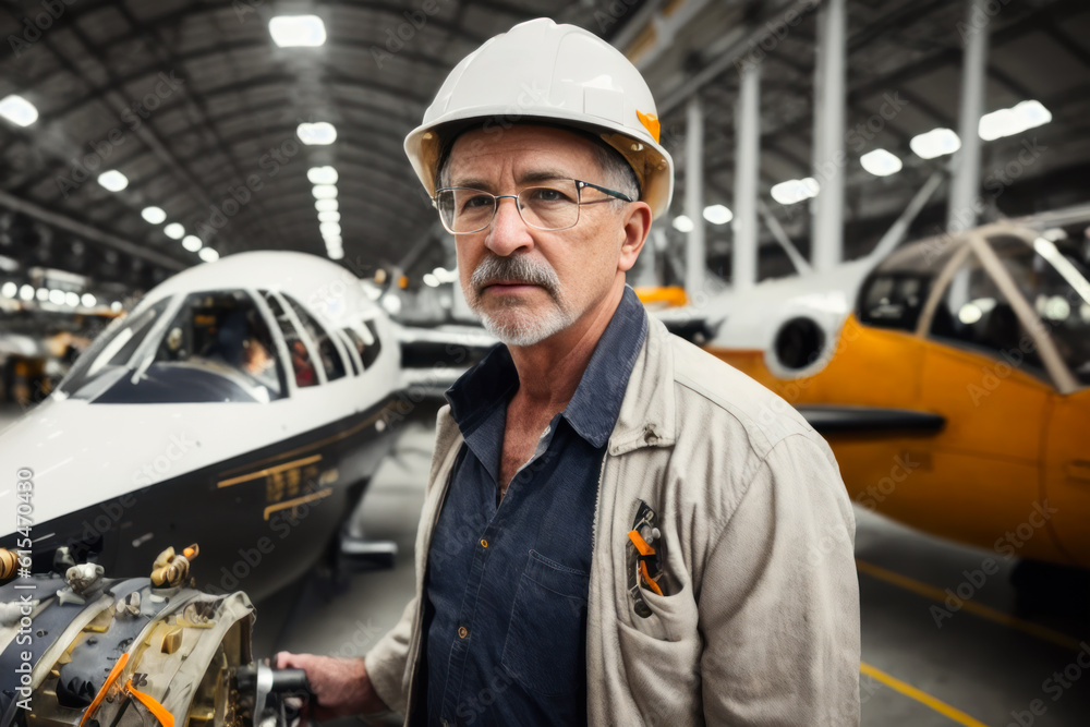 Digital portrait of a senior successful confident professional Aerospace engineer is assembling an aircraft engine in a Plane assembly line. Concept of active age. Generative AI Digital portrait of a senior successful confident professional Aerospace engineer is assembling an aircraft engine in a Plane assembly line. Concept of active age. Generative AI