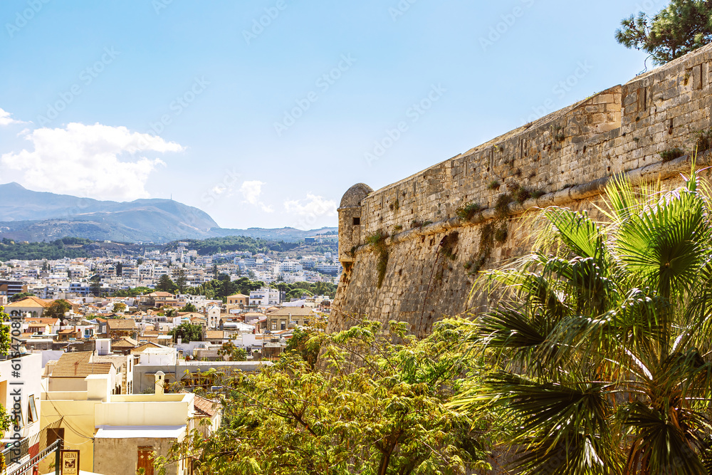 Naklejka premium Aerial view on Mediterranean sea bay from wall of Rethymno fortress, Crete island, Greece