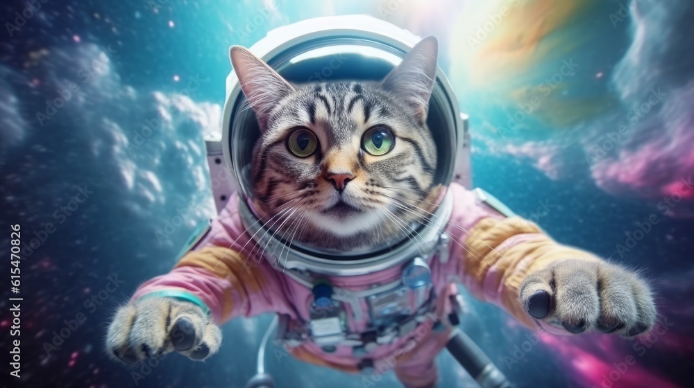 Fototapeta The astronaut cat soars through a vast galaxy. Exploring the wonders of space. Generative AI