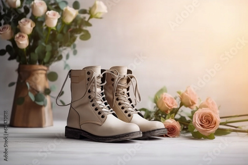 Luxury glamour woman`s boots. Super photo realistic background, generative ai illustration.