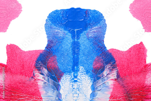 blue pink abstract acrylic painting color texture on white paper background by using rorschach inkblot method