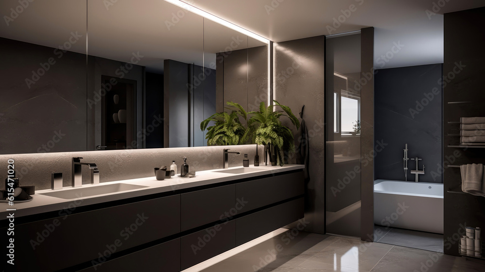 Bathroom in a modern and minimalist high-end style. Generative AI Bathroom in a modern and minimalist high-end style. Generative AI