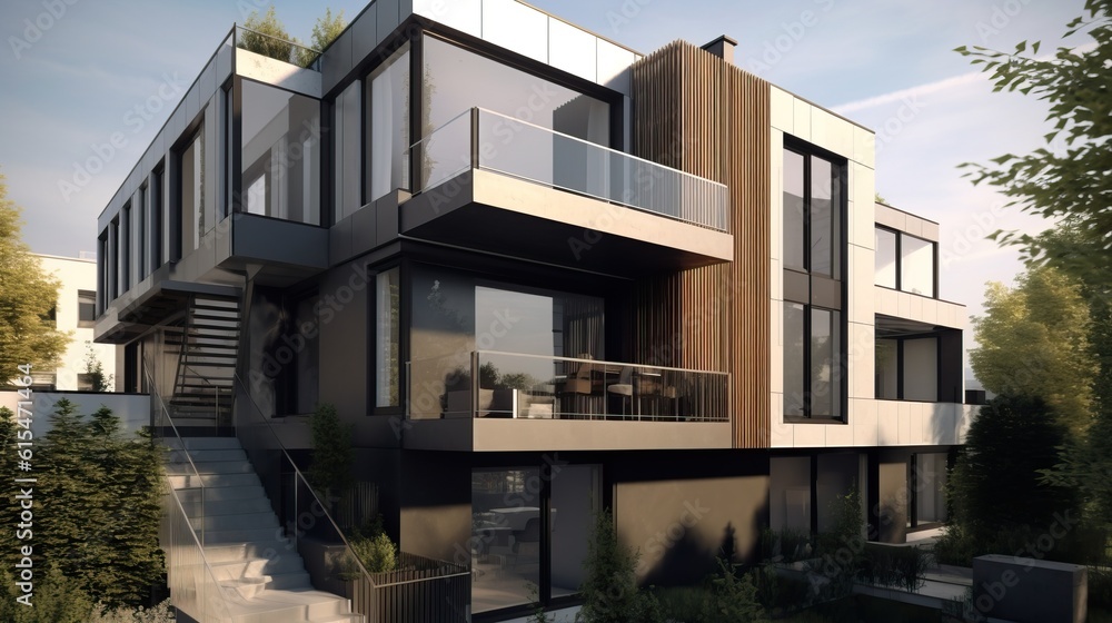 Fototapeta premium Amazing Shot of a Cubic Style Modern and Luxury House, Expensive house in the middle of the Vegetation. Generative AI