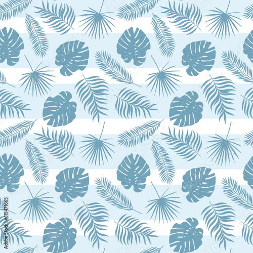 Blue tropical leaf pattern with stripes, seamless vector repeat pattern for the summer with scattered leaves