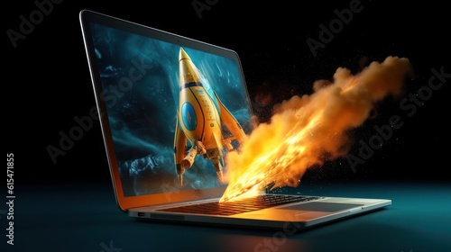 Launching Success: A Futuristic Rocket Ship Flying Above a Laptop, generative ai