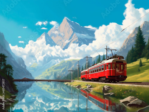 Train on the background of the mountains and the lake. Digital painting.AI Generated © Kateryna