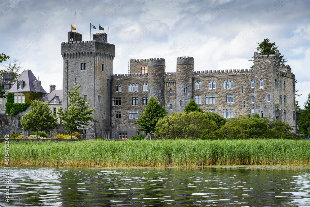 View of the 13th Century, Ashford Castle, now a luxury hotel overlooking Lough Corrib in the Village of Cong in County Mayo; Cong, Mayo, Ireland View of the 13th Century, Ashford Castle, now a luxury hotel overlooking Lough Corrib in the Village of Cong in County Mayo; Cong, Mayo, Ireland