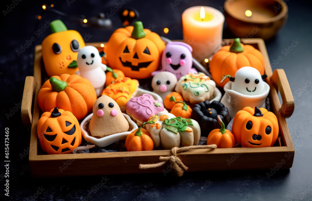 Fototapeta premium Halloween Treats decorations with doughnuts and candy. Halloween trick or treat. 
