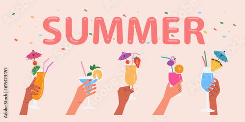 Different hands holding cocktails. Summer concept. Vector cartoon flat style illustration