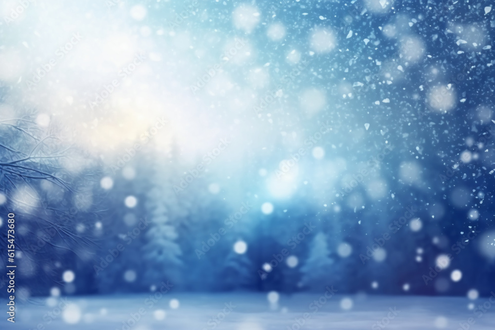 A blurred winter, snowing sky abstract background with bokeh glow, Illustration. AI generative