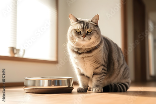 a cute fat tabby short hair cat sitting on the floor in front of its bowl with food and looking straight into the camera. Generative AI Technology