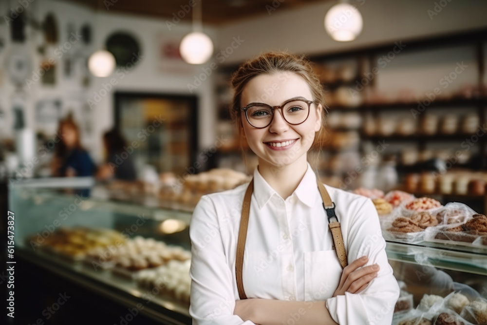 Happy small pastry shop owner, smiling proudly at her store. Cheerful female baker working at her shop Happy small pastry shop owner, smiling proudly at her store. Cheerful female baker working at her shop