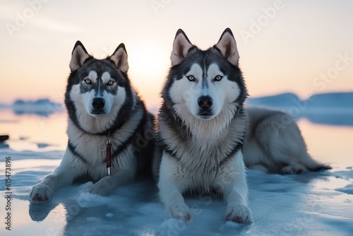 Arctic Serenity: Majestic Husky Sled Dogs Resting on Vast Sea Ice, Husky, Sled Dogs, Resting, Sea Ice, Arctic, Serenity, Majestic, Winter, Snow, Cold, Wildlife,