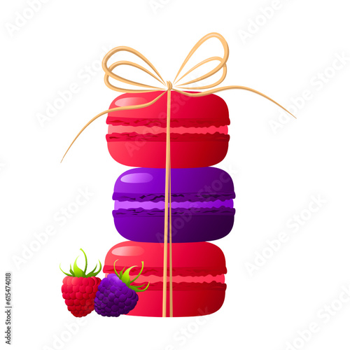 Horizontal stack red and purple macarons tied with a bow.Color macaroon with raspberry and blackberry.Gradient macarons. Vector illustration