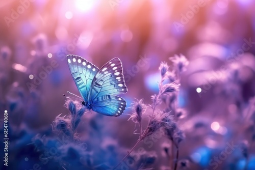 Wild light blue flowers in field and two fluttering butterfly on nature outdoors, close-up macro