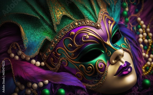 Venetian carnival mask and beads decoration. Mardi gras background © Tisha