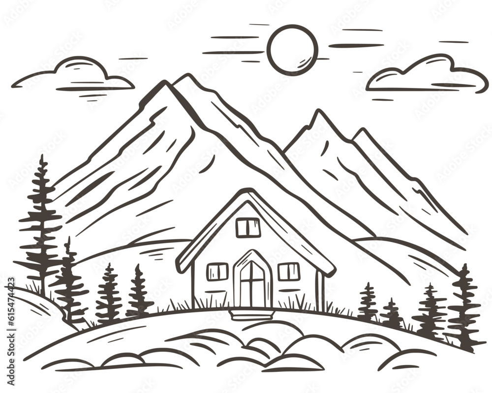 Hand drawn cabin in mountains. Ink sketch of single village house on background of mountains. Landscape countryside, hand engraved