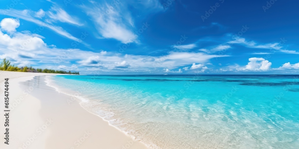 sandy beach with white sand and rolling calm wave of turquoise ocean on Sunny day on background