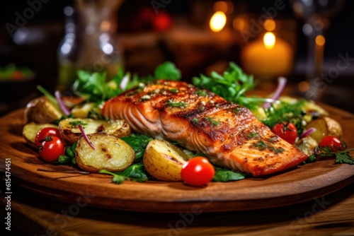 Seared salmon steak with fried potatoes and fresh vegetable salad served on wooden table photo