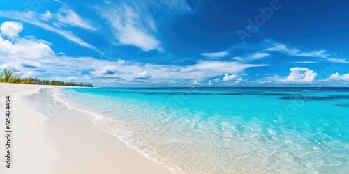 sandy beach with white sand and rolling calm wave of turquoise ocean on Sunny day on background © Tisha
