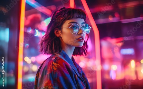 Portrait of a trendy young woman with bright clothing and bright neon lighting. Generative AI