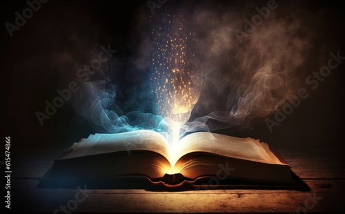 Open book Bible on wooden desk with mystic bright light fantasy light like holy spirit