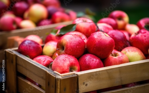 Many fresh apple in wooden boxes. Farmers market