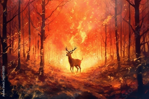 Forest fire. Deer among the burning trees. Generative AI.