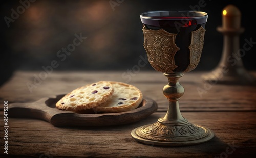 Holy communion on wooden table on church.Taking holy Communion photo