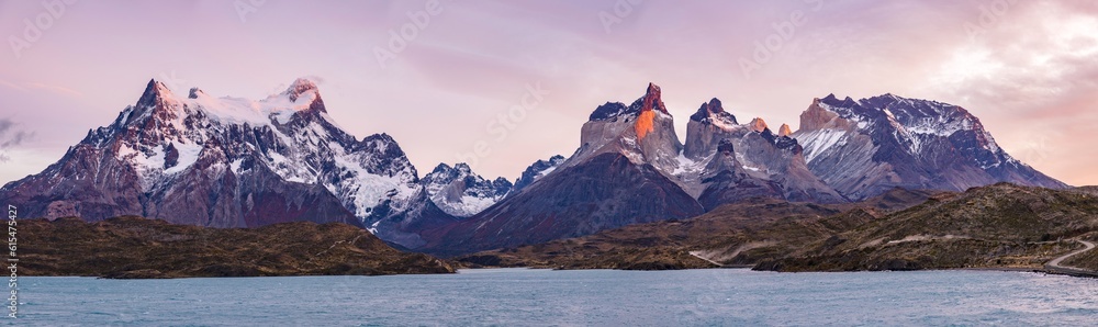 Panorama with morning light at Torres del Paine National Park in the south of Patagonia, Chile